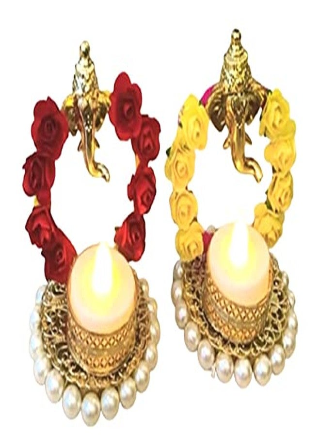 Elegance Assorted Ganpati Design Metallic Diya T Lights/Tea Light Candle Holder for Home Office Decoration Puja Articles Decor Gifts TeaLight (2 Pcs)