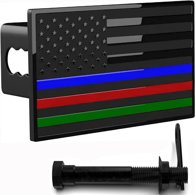 LFPartS USA Flag Emblem Metal Trailer Hitch Cover - Black with Thin Blue, Green, and Red Lines - Image 1