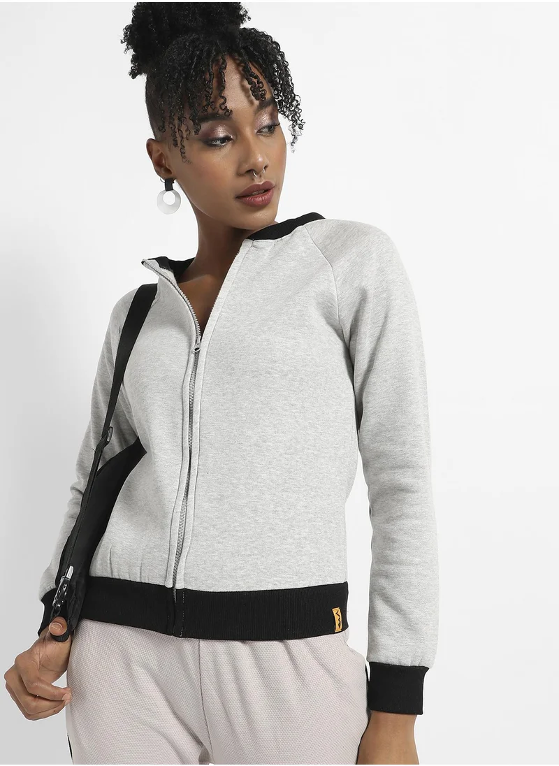 Campus Sutra Zip-Front Sweatshirt With Contrast Hem