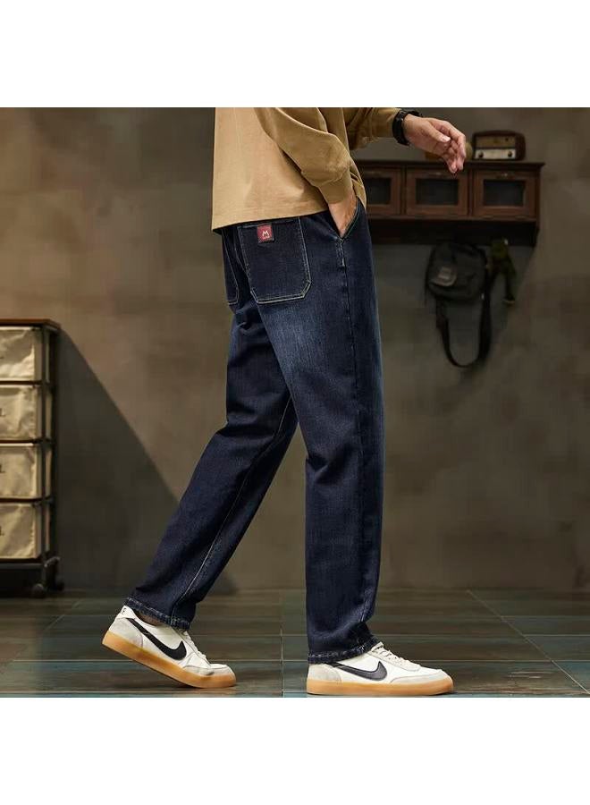TonLion Tangshi  Autumn Winter Men's Loose Elastic Waist Denim Pants With Leather Patch Details - Image 2