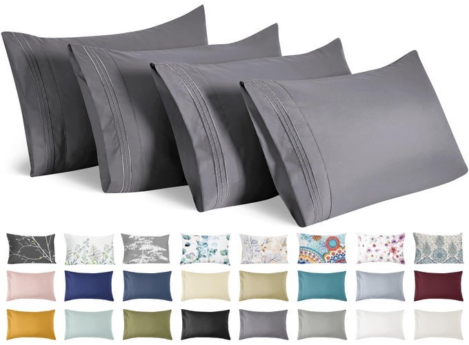 PILLOW CASES STANDARD SIZE SET OF 4 ULTRA SOFT 1800TC HOTEL QUALITY DOUBLE BRUSHED MICROFIBER EMBROIDERED PILLOWCASES ENVELOPE CLOSURE FADE RESISTANT 20X26 MEDIUM GREY