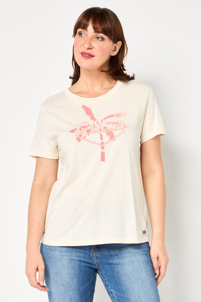 G-Star RAW Women Crew Neck Short Sleeve Brand Logo T-Shirt, Beige - Image 1