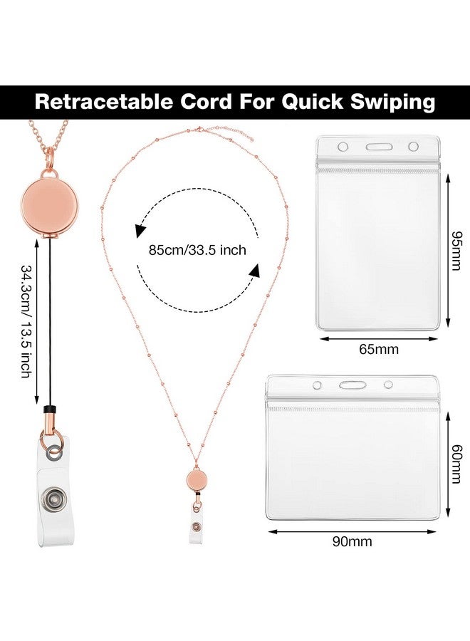 Zonon Retractable Badge Reel Lanyard With Id Holder 3 Pieces Beaded Badge Lanyard Necklace With 6 Waterproof Name Card Holder Stainless Steel Id Holder Necklace For Women Men (Rose Gold Black Silver)  - Image 2