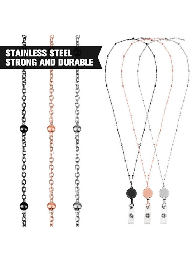 Zonon Retractable Badge Reel Lanyard With Id Holder 3 Pieces Beaded Badge Lanyard Necklace With 6 Waterproof Name Card Holder Stainless Steel Id Holder Necklace For Women Men (Rose Gold Black Silver)  - Image 3