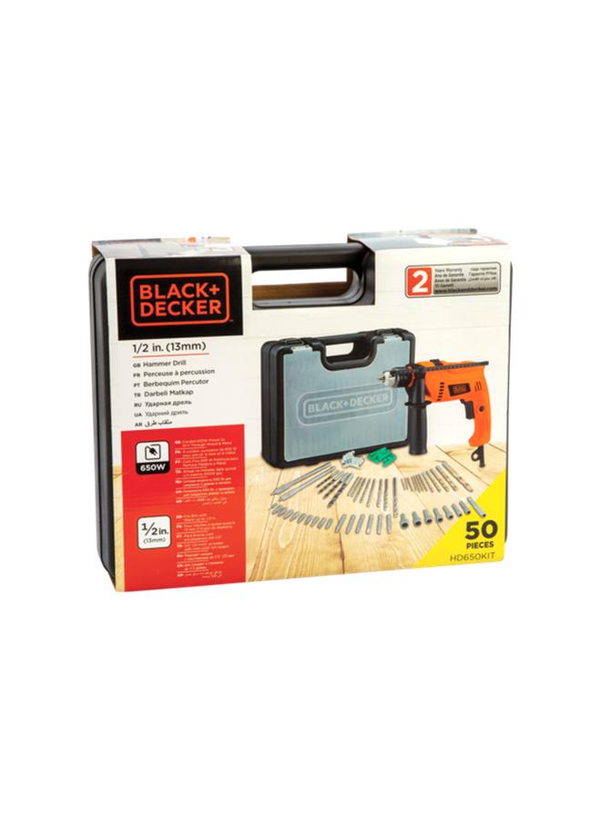 BLACK+DECKER Black + Decker 650W Corded Electric Hammer Drill with 50-Piece Bits Orange and Black 13mm HD650KIT-B5  - Image 3