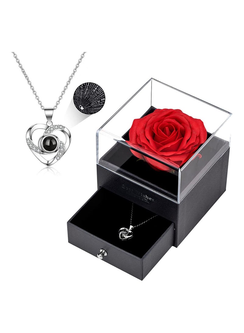 SYOSI Eternal Rose Gift Box with Sterling Silver I Love You Necklace in 100 Languages, Handmade Forever Red Rose for Anniversary Birthday Gifts Teacher Gifts for Women Mum Girlfriend Her - Image 2