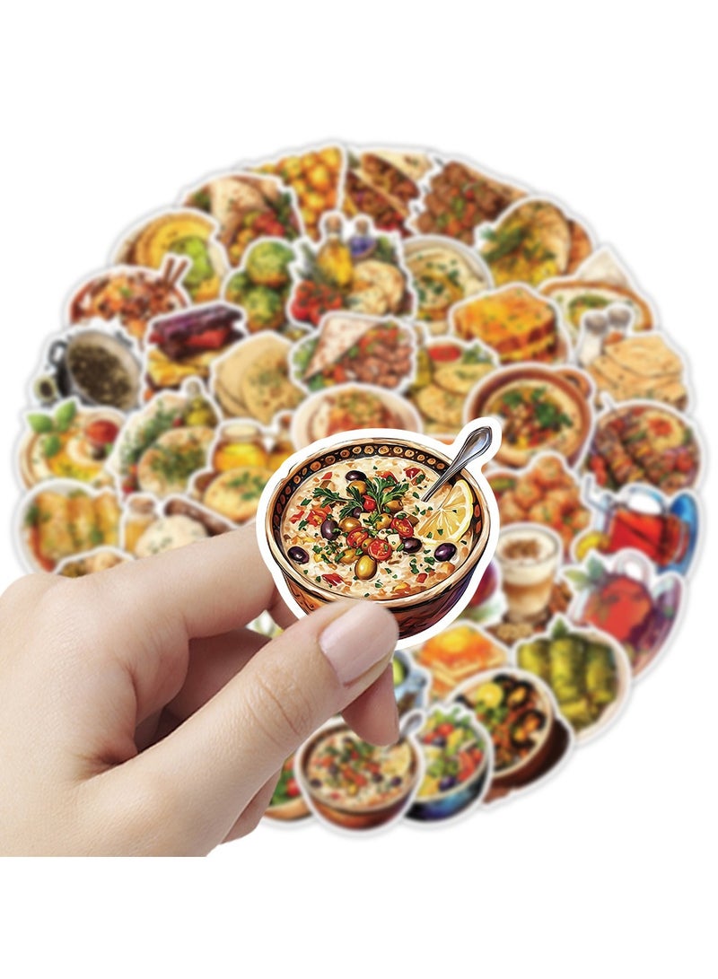 قوس قزح أورينبو ملصقات أطعمة من الشرق الأوسط لزجاجة المياه، 54 قطعة، ملصقات مقاومة للماء لمأكولات الشرق الأوسط الخاصة، ملصقات أطعمة لذيذة لسجلات القصاصات، ملصقات مقاومة للماء لأجهزة الكمبيوتر المحمول والكوب والهاتف ولوازم الحفلات - Image 2
