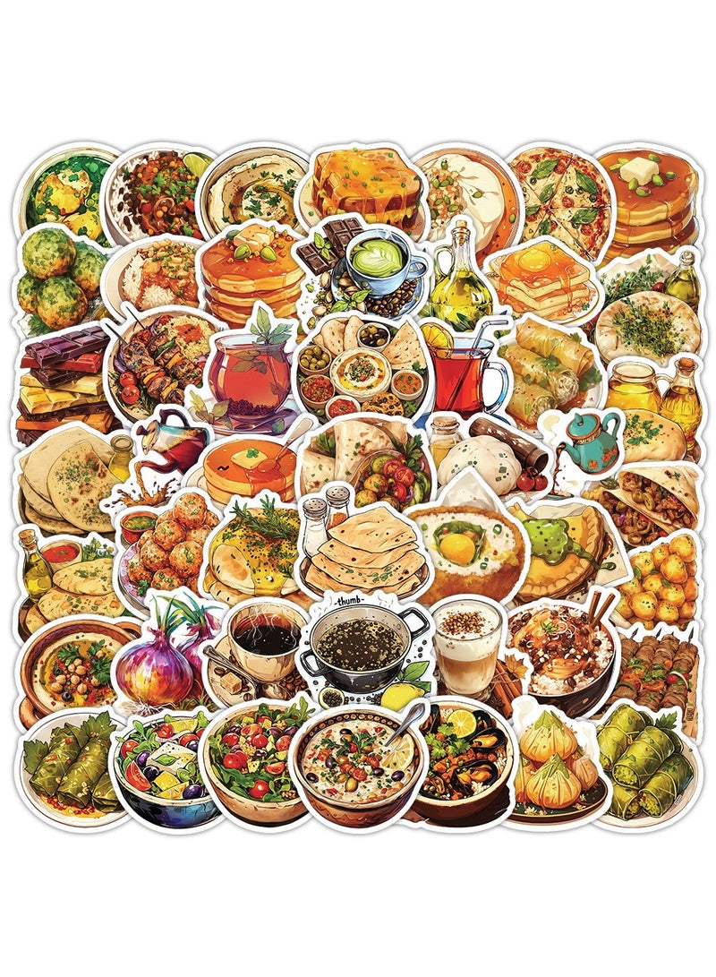 قوس قزح أورينبو ملصقات أطعمة من الشرق الأوسط لزجاجة المياه، 54 قطعة، ملصقات مقاومة للماء لمأكولات الشرق الأوسط الخاصة، ملصقات أطعمة لذيذة لسجلات القصاصات، ملصقات مقاومة للماء لأجهزة الكمبيوتر المحمول والكوب والهاتف ولوازم الحفلات - Image 1