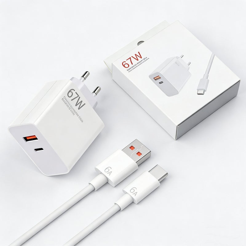 WHALE 67W QC 3.0 Dual-Port Fast Charger - European Standard, Compact Wall Adapter for Xiaomi and Redmi Phones , Portable Fast Charging, Equipped with 1 USB-C Port and 1 USB-A Port + 1m Data Cable - Image 1