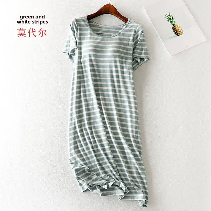 Striped Nightdress with Built-in Bra Pads Green and white stripes (modal)
