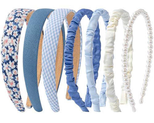 Sunolga 7 Pack Blue Headbands for Women Girls Non Slip Floral Padded Hairbands Cute Pearl Head bands Wide Headbands Trendy Hair Accessories - Image 1