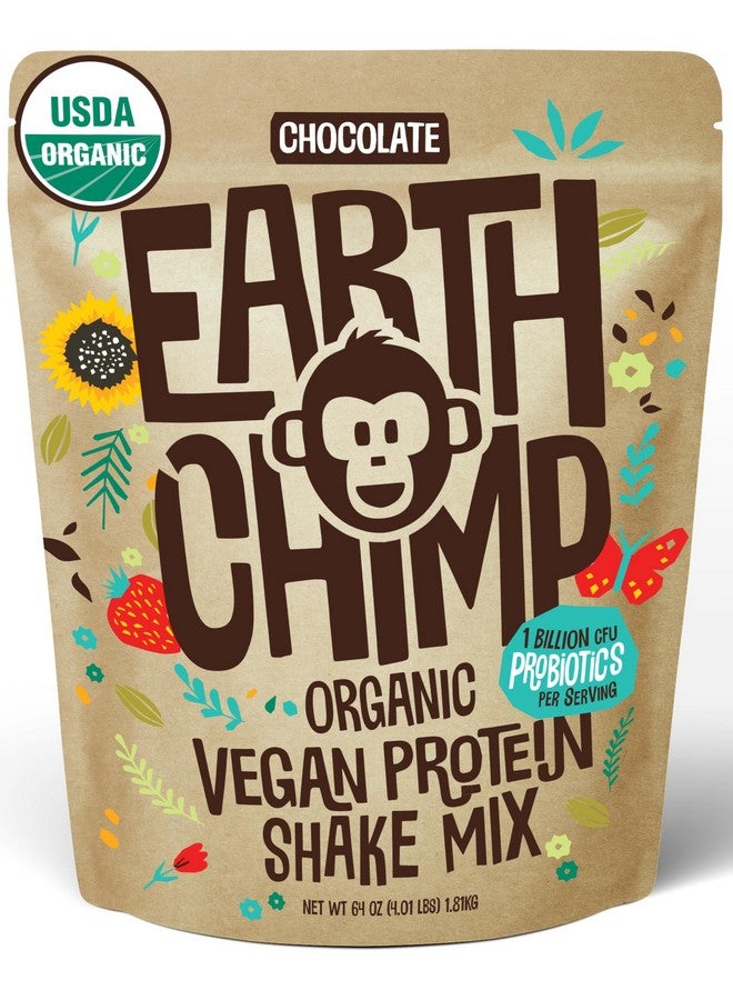 EarthChimp مسحوق بروتين نباتي عضوي من EarthChimp - مع البروبيوتيك - غير معدل وراثيًا، خالٍ من منتجات الألبان، خالٍ من مصل اللبن، مسحوق بروتين نباتي للنساء والرجال، خالٍ من الغلوتين - 52 حصة، 64 أونصة (شوكولاتة) - Image 1