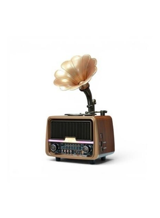 A classic radio featuring a vintage "gramophone" design that blends the charm of the past with modern audio technology. It supports three-band broadcasting (FM/AM/SW) and includes Bluetooth connectivity for streaming audio from mobile devices. Connectivity and Media: It features a USB port for playing content from flash drives and a slot for TF memory cards. Design and Decor: It boasts a premium exterior with a wood-effect finish and a gold-colored metal horn—mimicking the design of antique gramophones—adding an elegant, aesthetic touch to your home decor. - Image 1