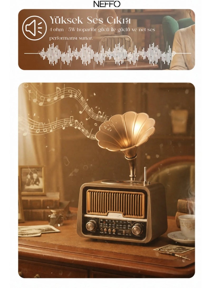 A classic radio featuring a vintage "gramophone" design that blends the charm of the past with modern audio technology. It supports three-band broadcasting (FM/AM/SW) and includes Bluetooth connectivity for streaming audio from mobile devices. Connectivity and Media: It features a USB port for playing content from flash drives and a slot for TF memory cards. Design and Decor: It boasts a premium exterior with a wood-effect finish and a gold-colored metal horn—mimicking the design of antique gramophones—adding an elegant, aesthetic touch to your home decor. - Image 5