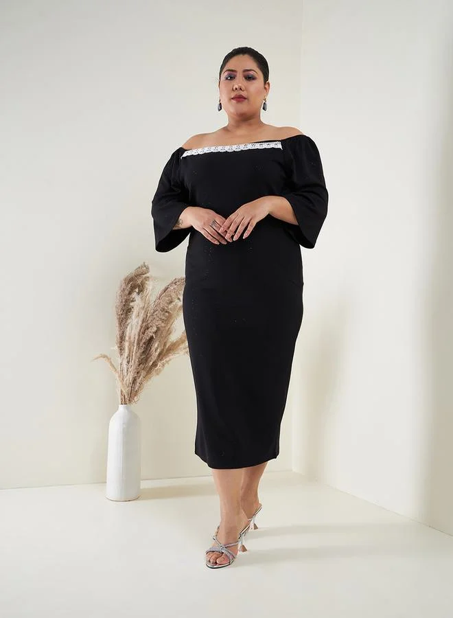 SASSAFRAS Glitter Off Shoulder Embroidery Detail Bodycon Midi Dress by Styli