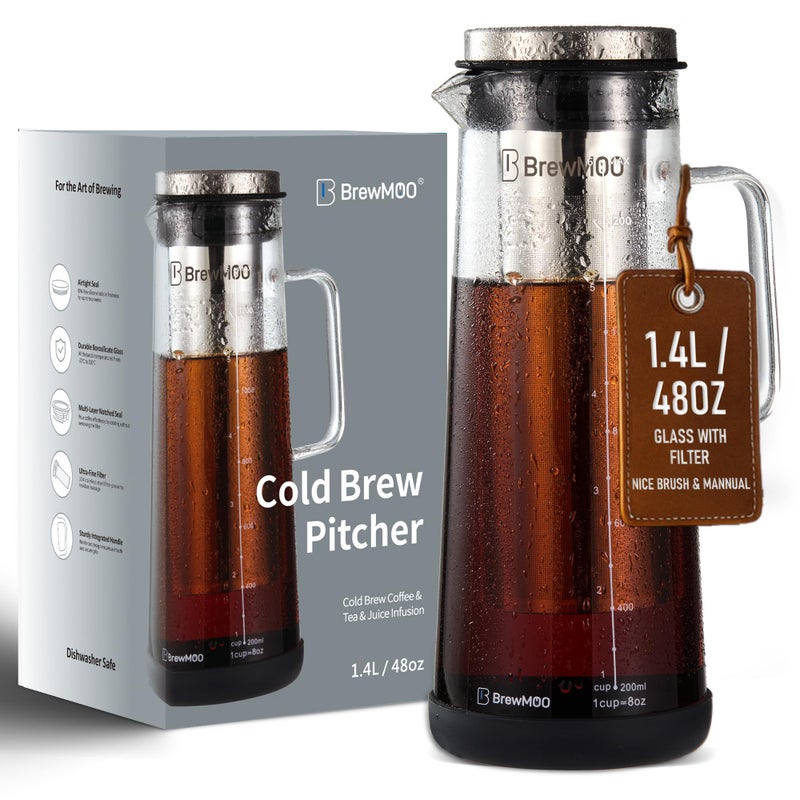 BrewMOO Airtight Cold Brew Coffee Maker Pitcher 14L48Oz Thick Glass Carafe with Filter Comfort Sturdy Handle  Wide Spout NonSlip Base  Iced Tea Maker Black