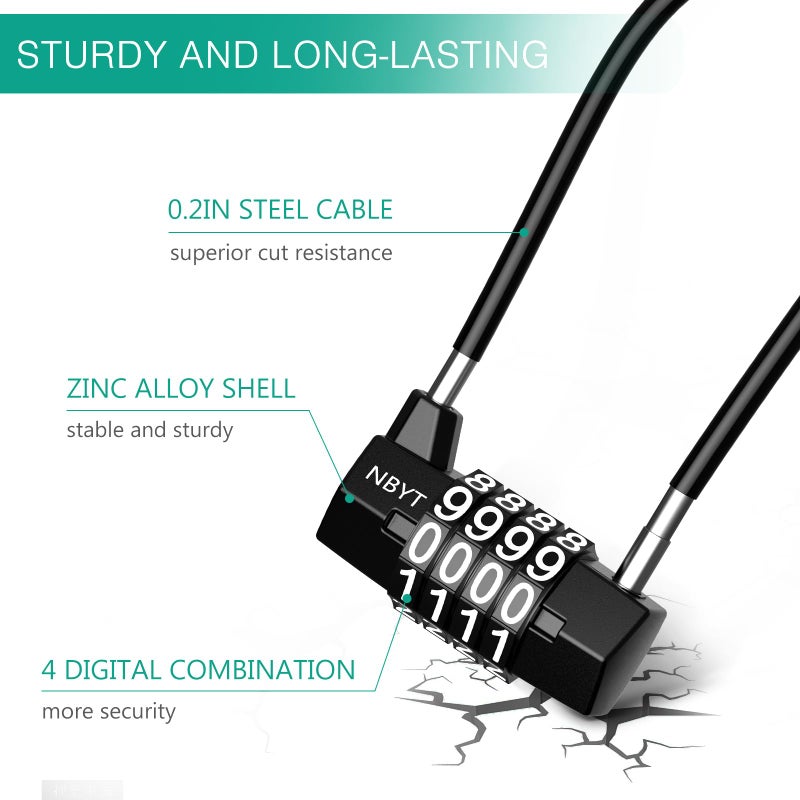 Oria Cable Locks With Combination  4 Digit Combination Padlock  Long Shackle Lock  Flexible Steel Cable Rope  Cabinet Lock  School Locker  Black - Image 2