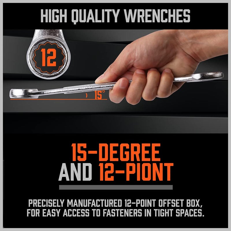 HORUSDY 26-Piece Wrench Set | Combination Wrench Set with Roll-up Pouch | SAE 1/4” - 1” and Metric 8mm - 24mm Wrench Set Metric and Standard - Image 3