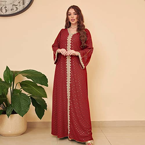 FPOVFPO Womens Muslim Abaya Dress One-Piece V Neck Bronzing Dress Islamic Full Length Kaftan Daily Casual Dress Red - Image 2