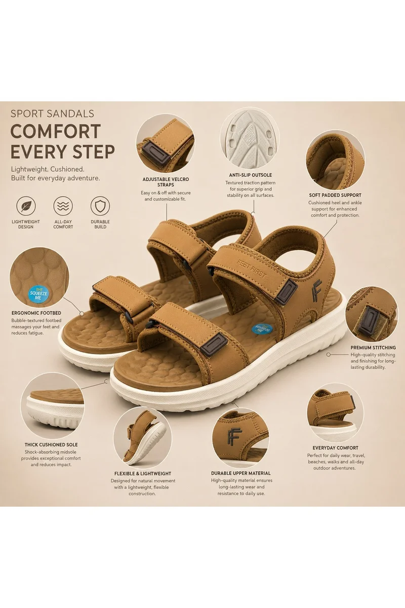 Feet First Men’s Sports Sandals with Adjustable Velcro Straps – Lightweight Comfort Outdoor Walking Sandals