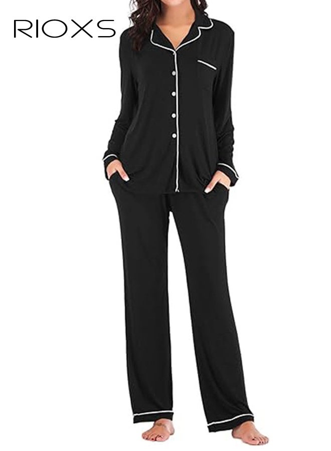 ريوكس طقم ملابس نوم نسائي، طقم بيجامة نوم أسود مع جيب وأزرار في الأمام، ملابس نوم ناعمة من البوليستر، ملابس منزلية غير رسمية مع حواف بيضاء، طقم بيجامة نوم مريح بأكمام طويلة للنساء، - Image 1