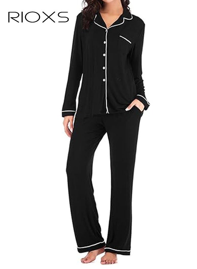 ريوكس طقم ملابس نوم نسائي، طقم بيجامة نوم أسود مع جيب وأزرار في الأمام، ملابس نوم ناعمة من البوليستر، ملابس منزلية غير رسمية مع حواف بيضاء، طقم بيجامة نوم مريح بأكمام طويلة للنساء، - Image 2