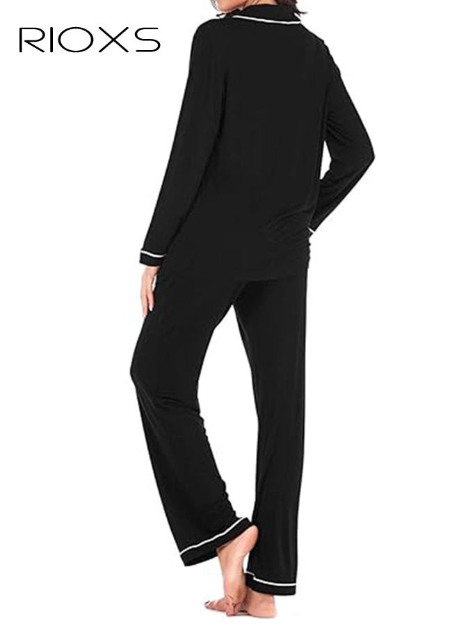 ريوكس طقم ملابس نوم نسائي، طقم بيجامة نوم أسود مع جيب وأزرار في الأمام، ملابس نوم ناعمة من البوليستر، ملابس منزلية غير رسمية مع حواف بيضاء، طقم بيجامة نوم مريح بأكمام طويلة للنساء، - Image 4