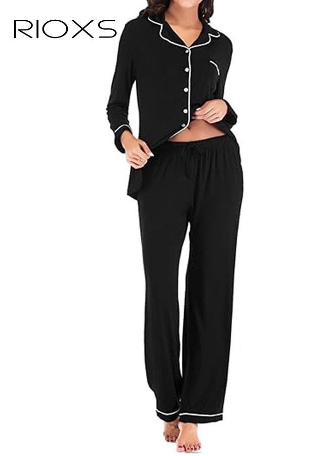 ريوكس طقم ملابس نوم نسائي، طقم بيجامة نوم أسود مع جيب وأزرار في الأمام، ملابس نوم ناعمة من البوليستر، ملابس منزلية غير رسمية مع حواف بيضاء، طقم بيجامة نوم مريح بأكمام طويلة للنساء، - Image 5