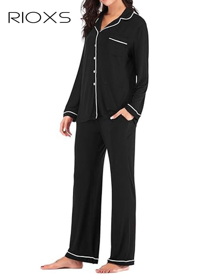 ريوكس طقم ملابس نوم نسائي، طقم بيجامة نوم أسود مع جيب وأزرار في الأمام، ملابس نوم ناعمة من البوليستر، ملابس منزلية غير رسمية مع حواف بيضاء، طقم بيجامة نوم مريح بأكمام طويلة للنساء، - Image 3