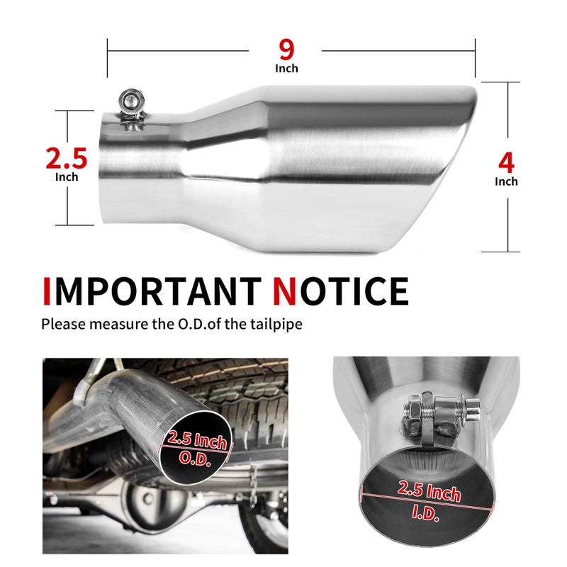 Richeer Richeer 2.5 to 4 inch Exhaust Tip, 2.5" Inlet 4” Outlet 9” Overall Length Stainless Steel Exhaust Tip, Polished Finish Universal for Vehicles with 2.5" O.D. Exhaust Tailpipe, Rolled Edge, Bolt on - Image 2