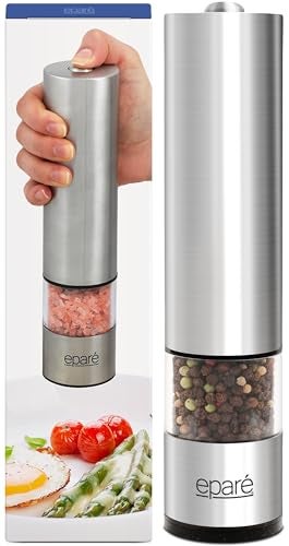 Epar Salt or Pepper Grinder Mill Electric  Battery Operated Stainless Steel Mill with LED Light Adjustable Ceramic Core and OneHand Push Button for Effortless Seasoning and Cooking