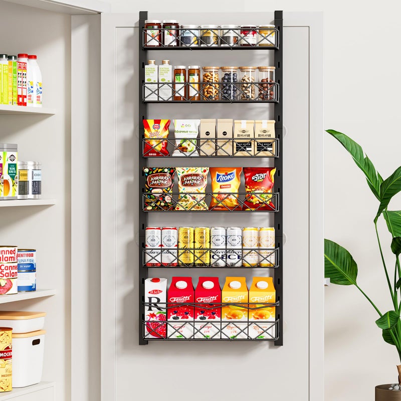 MIAOLI Over the Door Organizer, Black 6-Tier Pantry Door Organizer with Adjustable Basket, Hanging Spice Rack Cabinet Door Shelves, Laundry Room Organization and Storage - Image 1