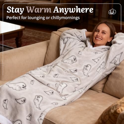 Capecage Blanket Hoodie Long Hooded Blanket Sweatshirt as Birthday Gifts for Women Men Long Wearable Blanket for Women Men Ghost - Image 3