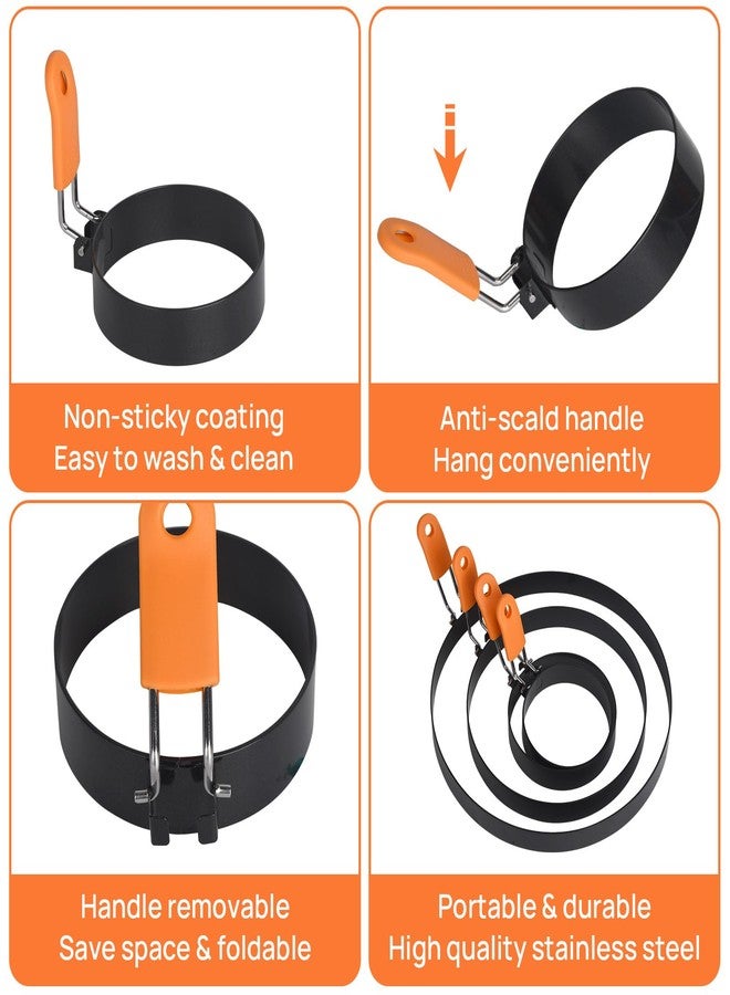 Hhyn Egg Rings for Griddle Frying Eggs Upgraded 4 Packs, Pancake Shapers with Orange Silicone Handle Non-stick Egg Molds for cooking Breakfast Omelette Sandwiches (3", 3.5", 6", 8") - Image 3