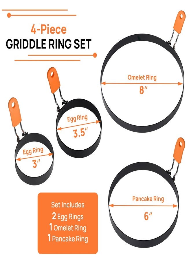 Hhyn Egg Rings for Griddle Frying Eggs Upgraded 4 Packs, Pancake Shapers with Orange Silicone Handle Non-stick Egg Molds for cooking Breakfast Omelette Sandwiches (3", 3.5", 6", 8") - Image 2