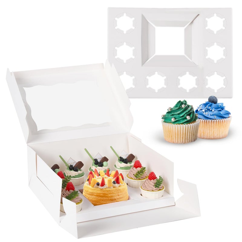 JCD 8 pack 1+8 Paper Cupcake box,with Lid and 8 Cupcakes Plus 15 Free Baking Recipes - Cake And Cupcake Boxes - Bento Cake Box - Cake Cupcake Combo Box (8Pcs Cake and 8 Cupcakes Boxes) - Image 1