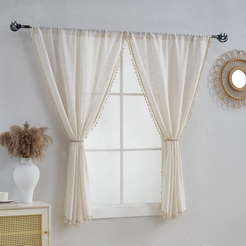 VOILYBIRD Short Curtains for Small Window Natural Linen Blended Farmhouse Curtains Country Style 45 Inch Length for Kitchen W40 x L45 Natural 2 Panels Set