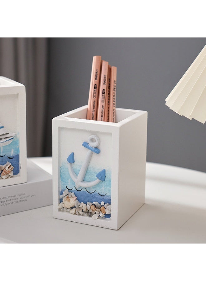 YINZUO Nautical Wooden Pen Holder – Beach Theme Desk Organizer with Sailboat/Anchor/Lifebuoy/Helm Designs – Decorative Office & Home Stationery Holder - Image 3