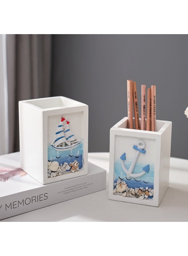 YINZUO Nautical Wooden Pen Holder – Beach Theme Desk Organizer with Sailboat/Anchor/Lifebuoy/Helm Designs – Decorative Office & Home Stationery Holder - Image 4