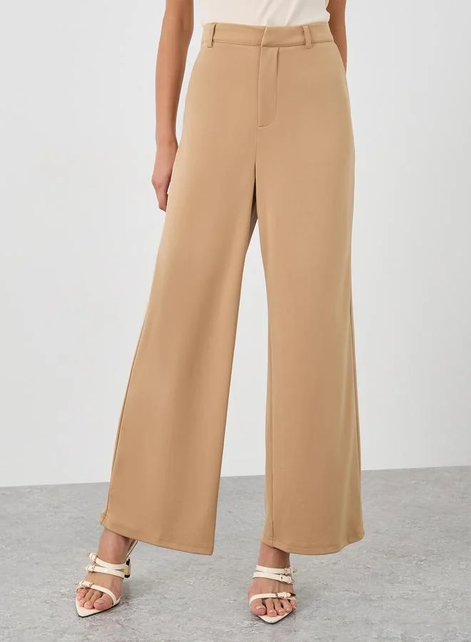 Styli Styli Women Beige Stretch Wide Leg Pants with Side Pockets