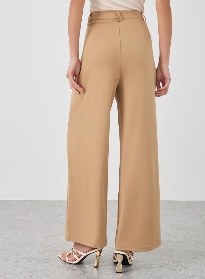 Styli Women Beige Stretch Wide Leg Pants with Side Pockets - Image 4