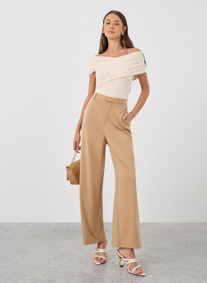 Styli Women Beige Stretch Wide Leg Pants with Side Pockets - Image 1
