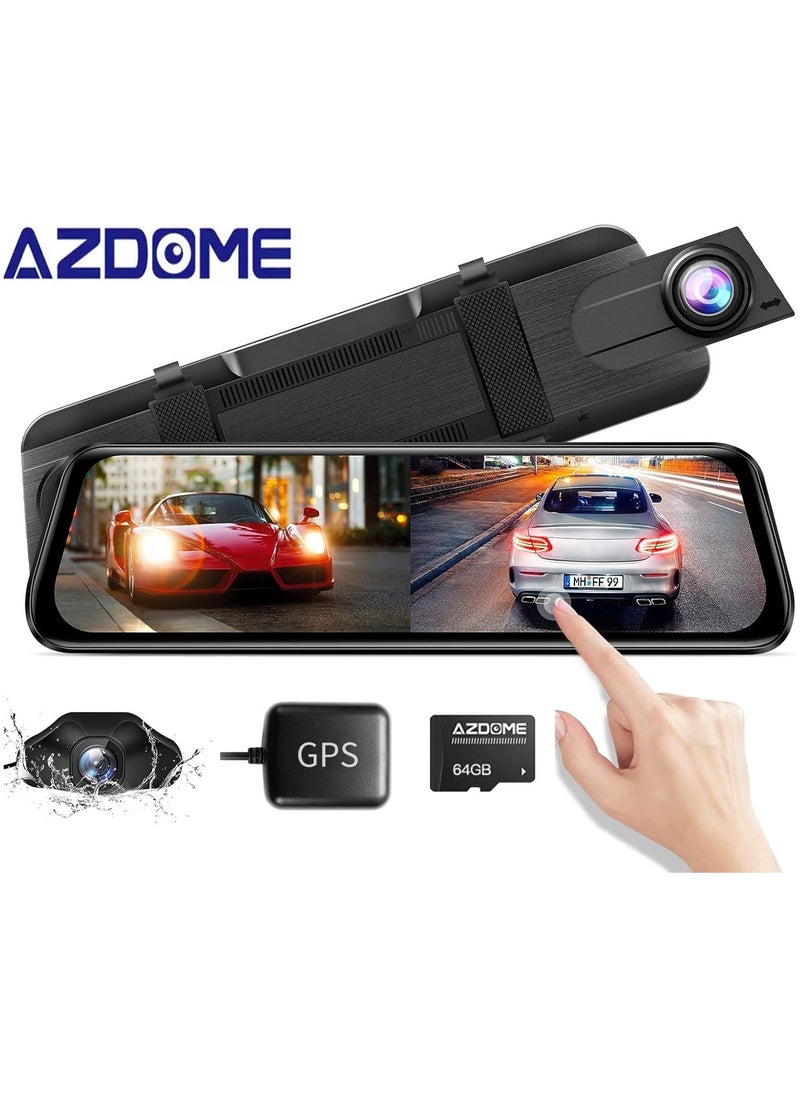 AZDOME - AR09 WIFI 2.5K Mirror Dash Cam, Built-in GPS 10" Split-Screen Display Rear View Mirror Camera, Night Vision 170° FOV Dual Backup Camera with Sony Sensor, Loop Recording, Parking Mode, 64GB Card - Image 1