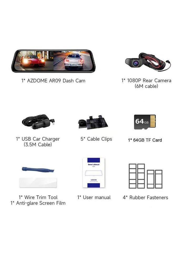AZDOME - AR09 WIFI 2.5K Mirror Dash Cam, Built-in GPS 10" Split-Screen Display Rear View Mirror Camera, Night Vision 170° FOV Dual Backup Camera with Sony Sensor, Loop Recording, Parking Mode, 64GB Card - Image 1