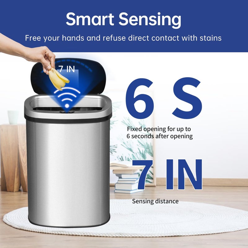 BestOffice | 13 Gallon Trash Can with Lid | Automatic Touchless Garbage Can | Odor Control | Modern Oval Design | Easy to Clean | Stainless Steel | Fits Any Kitchen, Bathroom, Office or Home - Image 2