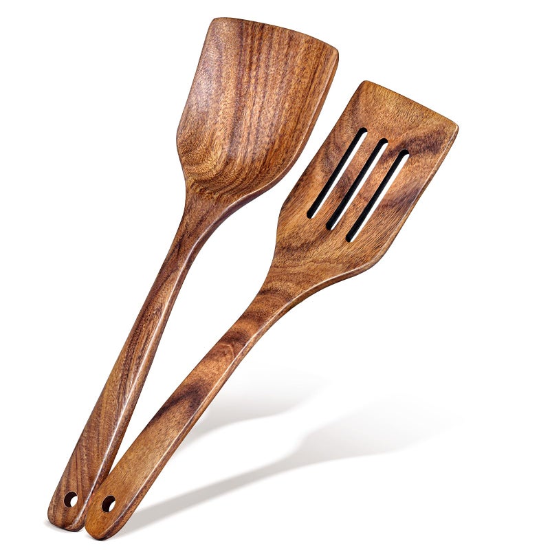 MemoGem 2Pcs Wooden Spatula, Acacia Solid & Slotted Turner Spatula Set, Long Handle Flat Frying Spatulas, Ideal Kitchen Gift for Mother and Grandma, Kitchen Utensils Set for Cooking, Frying, Baking - Image 1
