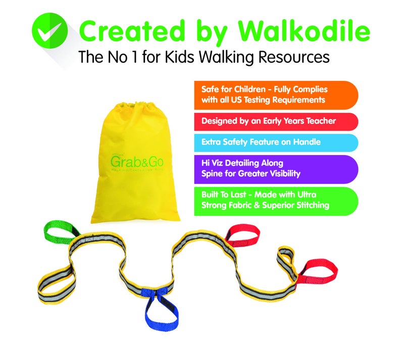 walkodile Childrens Walking Rope (4 child) - Premium Quality, Teacher Designed, Extra Safety Feature on Handles. Hi Viz Detail for Best Visibility. Includes Free Learning Games for Walks Guide - Image 5