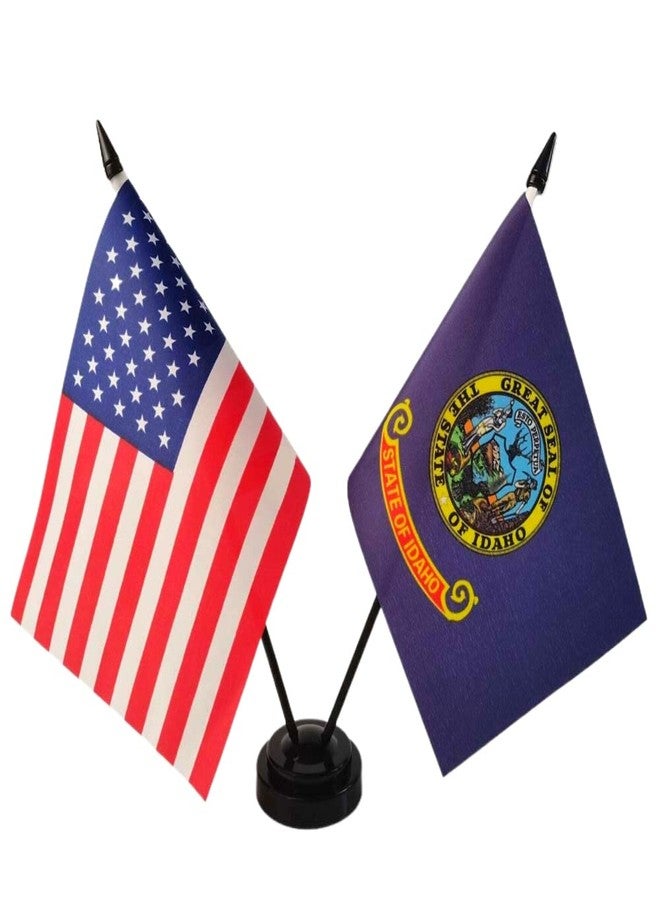 America & Idaho Twin Desk Flag, US Idaho Table Flags, 8 x 5 Inches American & Idaho Deluxe Desk Flag Set - Miniature USA & Idaho Stick Flag with Flag Stand