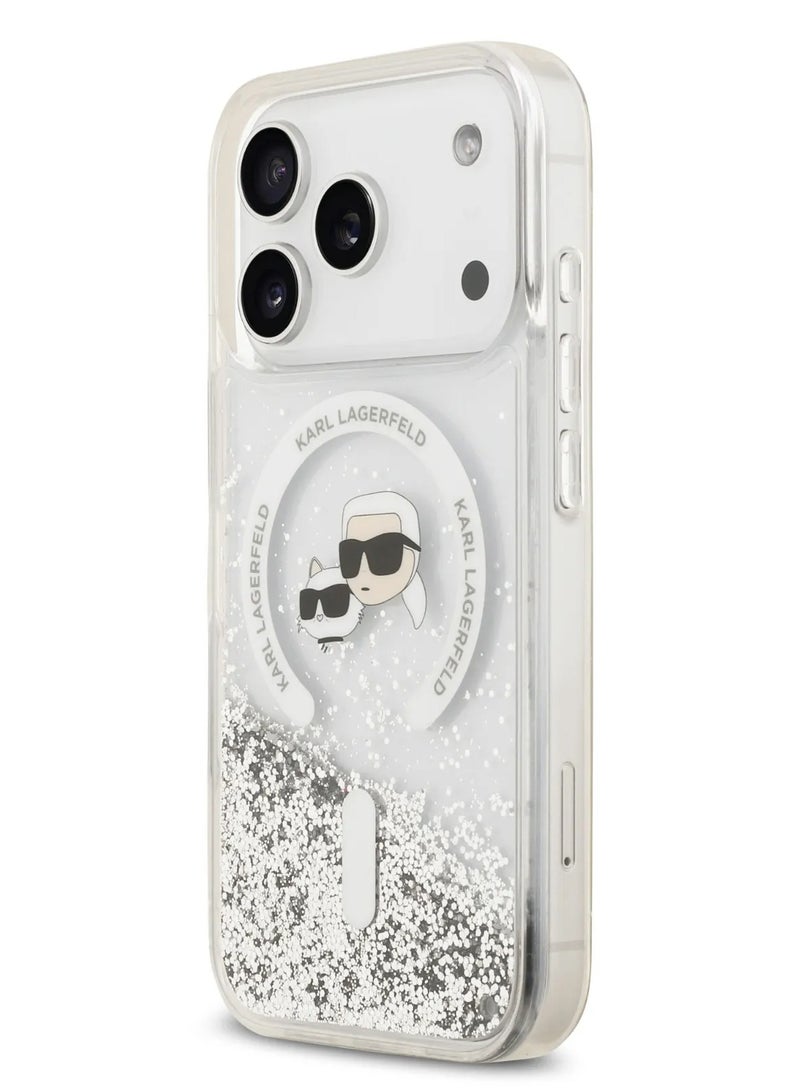 كارل لاغرفيلد جراب ماج سيف السائل اللامع لهاتف آيفون 17 برو ماکس مع رأس كارل وشوبيت /  سهل التركيب / تصميم نحيف / خفيف الوزن / غطاء خلفي شفاف - Image 3