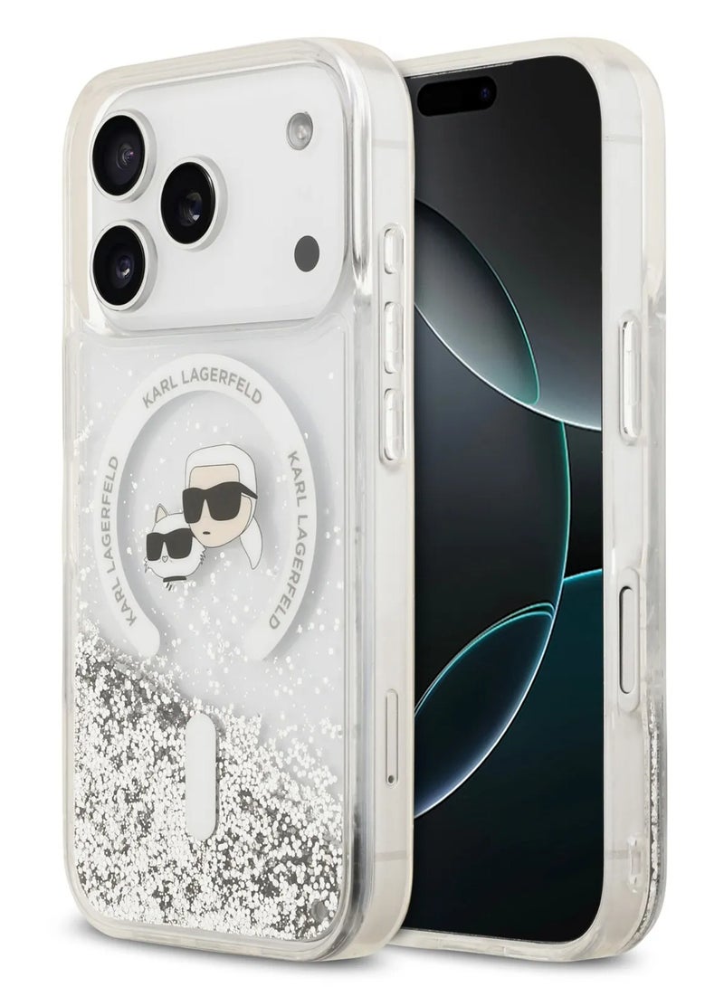 كارل لاغرفيلد جراب ماج سيف السائل اللامع لهاتف آيفون 17 برو ماکس مع رأس كارل وشوبيت /  سهل التركيب / تصميم نحيف / خفيف الوزن / غطاء خلفي شفاف - Image 2